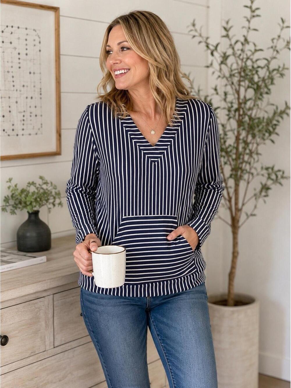 Ruby Rd Womens Small Navy White Striped Pullover Top V Neck Kangaroo Pocket